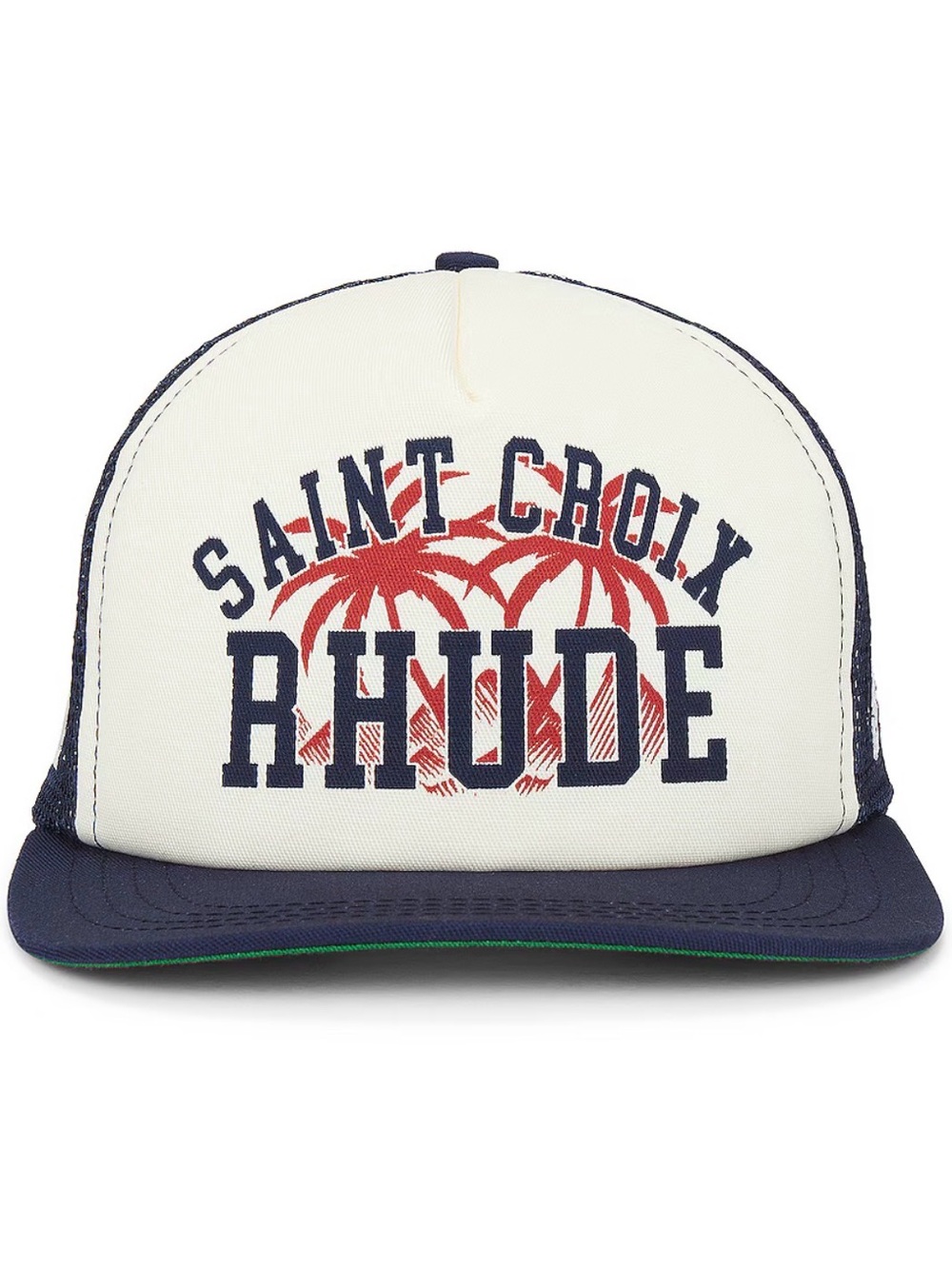 Cream and Navy Saint Croix Trucker Hat with Red Palm Graphic